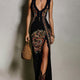 Bohemian-Style Printed Dress with Deep V-Neck and High Slit