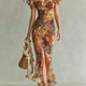 Orange Bohemian Holiday Oil Painting Print Chiffon Maxi Dress