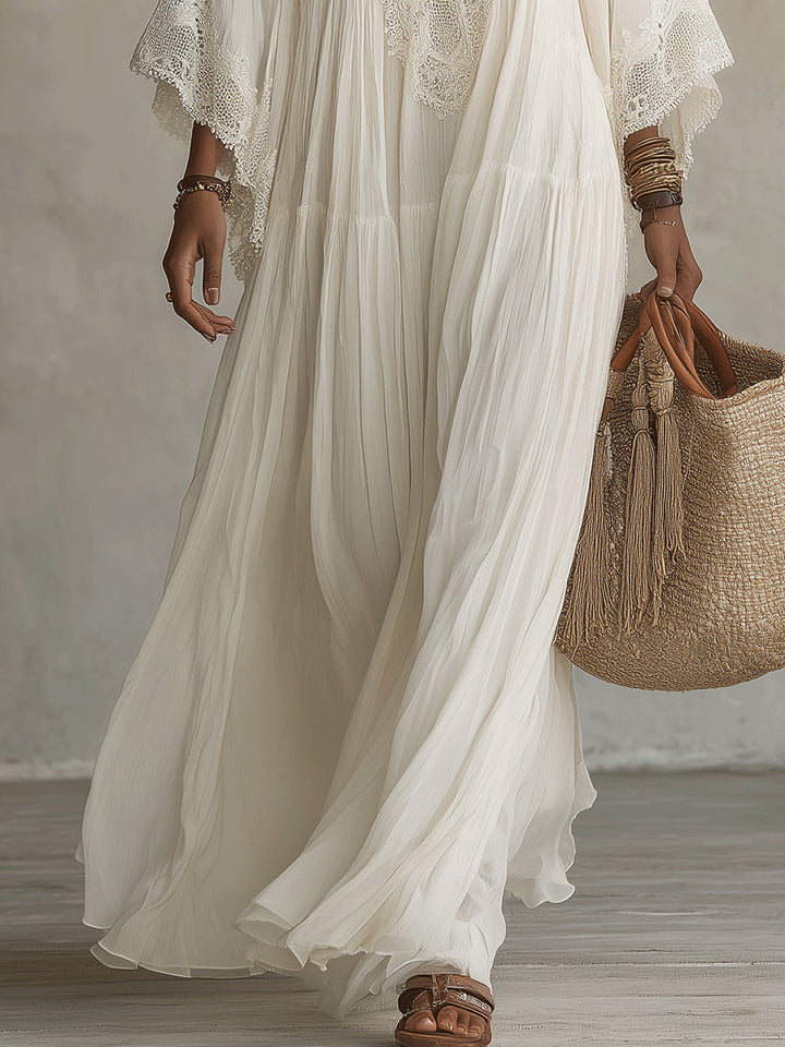 Emilia | White Lace V-neck Batwing Maxi Dress