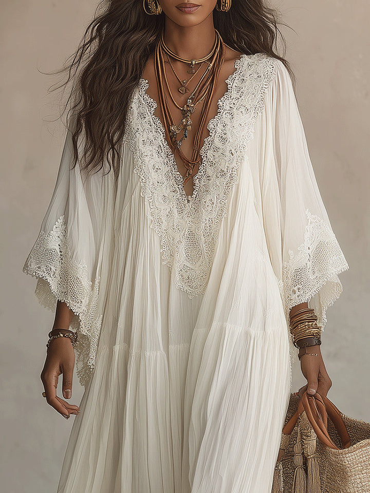 Emilia | White Lace V-neck Batwing Maxi Dress